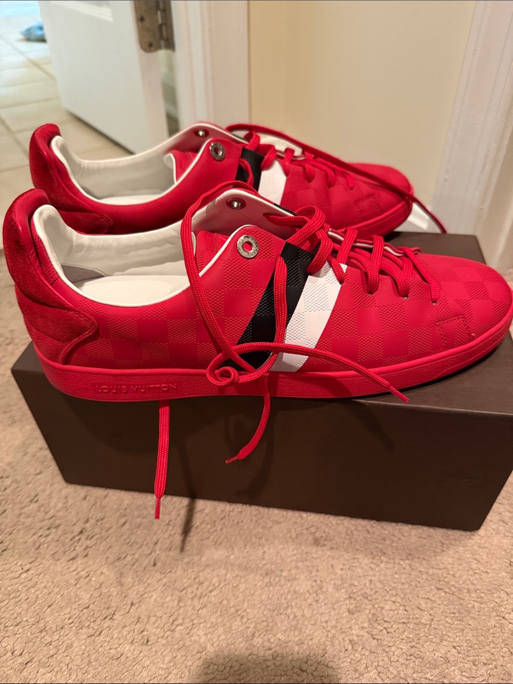 Louis Vuitton Red Sneaker with Black & White Stripe Accent - Picture 5 of 12